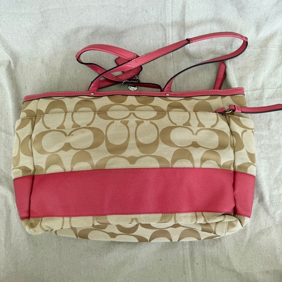 Coach Signature Khaki Canvas & Pink Leather Large Diaper Bag  Tote F19202 - Picture 7 of 16